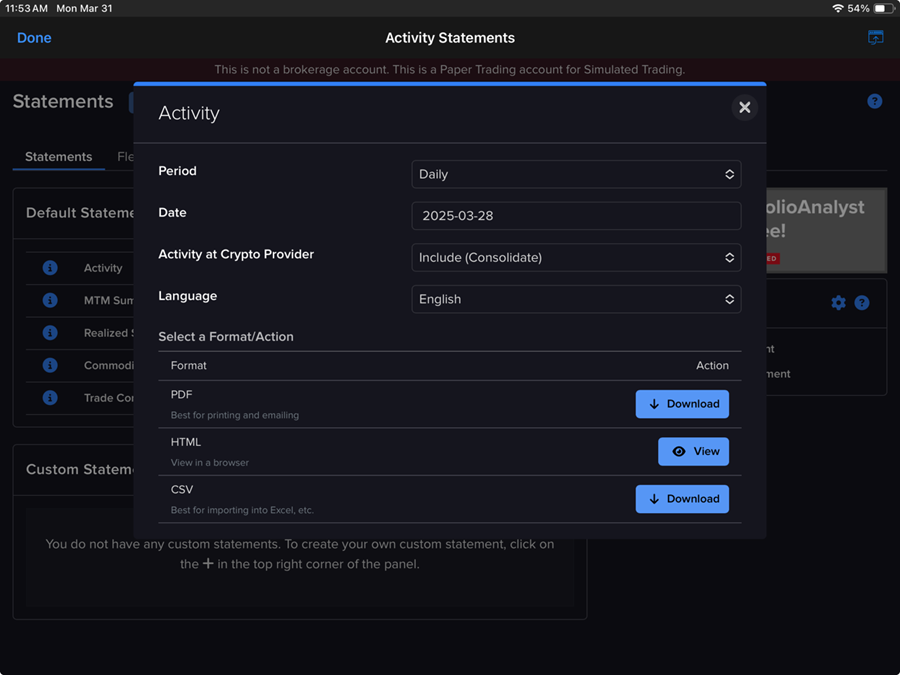 The activity statement on the iPad